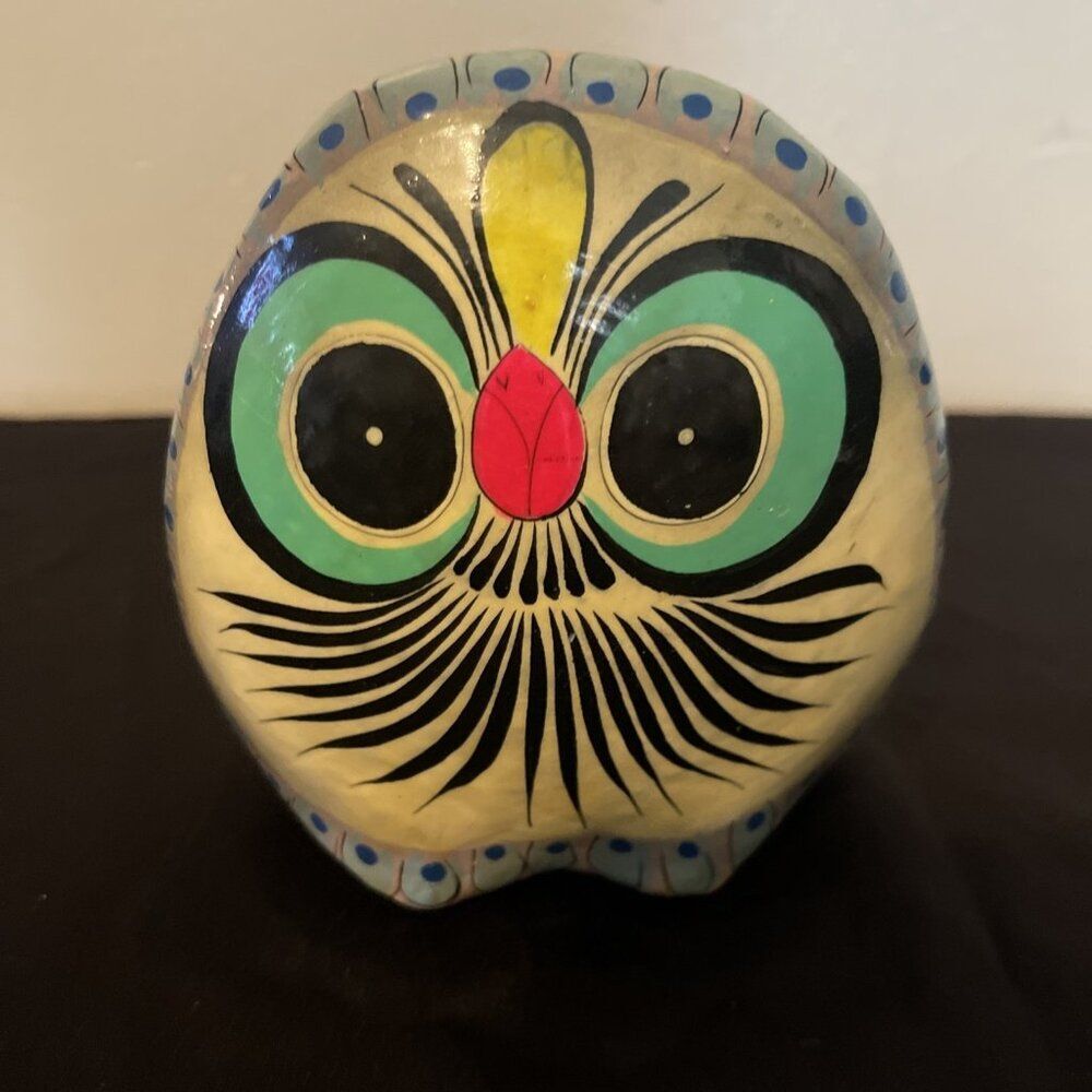 Vintage Tonala Mexican Folk Art Paper Mache Owl Figurine Signed Mateds Bird